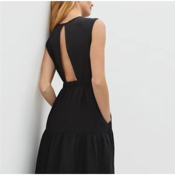 Everlane The Linen Open Back Dress Black Sleeveless Tiered Midi Size 00 NWT - Picture 1 of 12